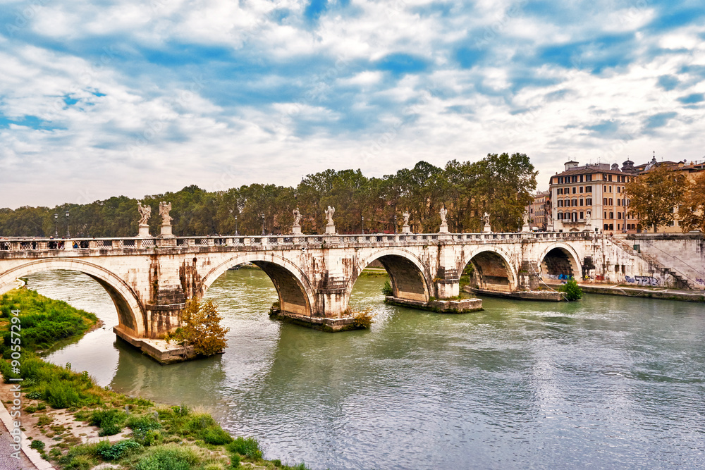 Bridge Ponte Sant Angelo in Rome across river Tiber in Rome
