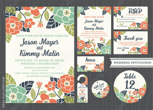 Tropical flower wedding invitation vintage design sets include Invitation card, Save the date, RSVP card, Thank you card, Table number, Gift tags, Place cards, Respond card, Save the date door hanger
