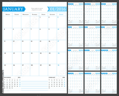 Monthly Calendar Planner for 2016 Year. Vector Design Print Template with Place for Notes. Week Starts Monday. Portrait Orientation. Set of 12 Months