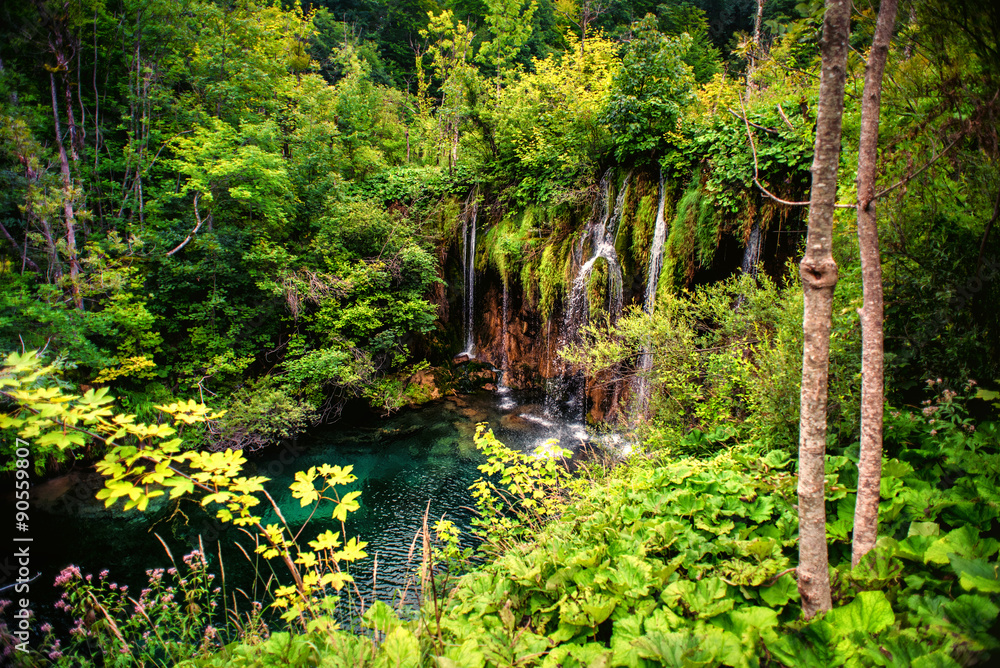 Deep tropical forest waterfall, outdoor beautiful lanscape with water, pond and trees.