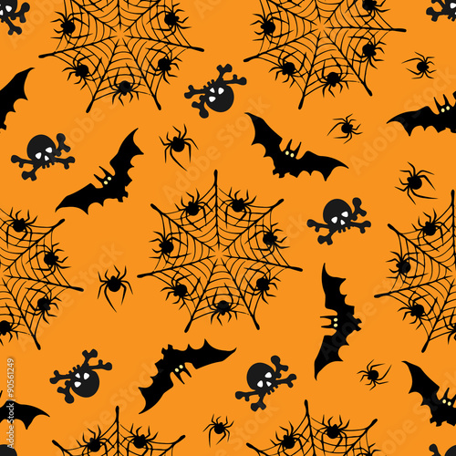 Halloween seamless pattern. Illustrations of silhouettes of bats, skulls, webs with spiders.