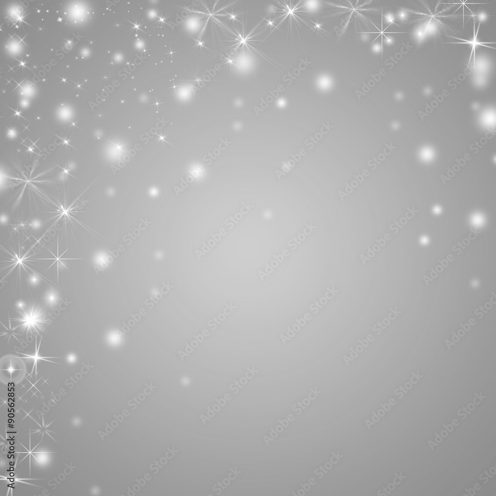 Abstract monochrome black and white winter holidays background with sparkling lights and stars. Copyspace.