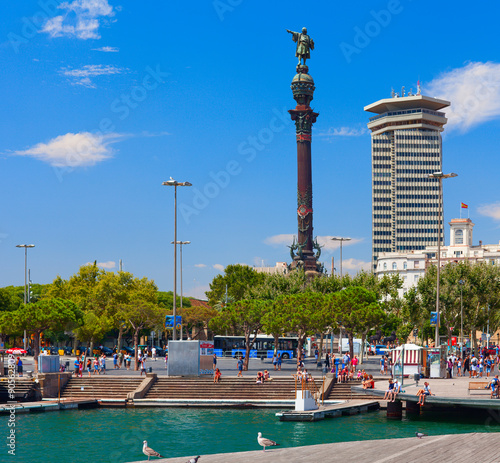 Monument of Columbus stands near street Rambla in Barcelona quay.The most popular place to walk for tourists.