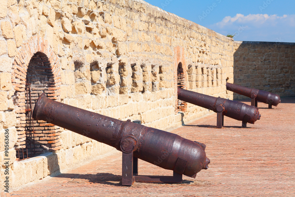 Cannons of Castel dell'Ovo (Egg Castle) Naples, Italy. Roger II of Sicily built the castle in 1139. Now it is public museum with stunning panoramic view over the city.