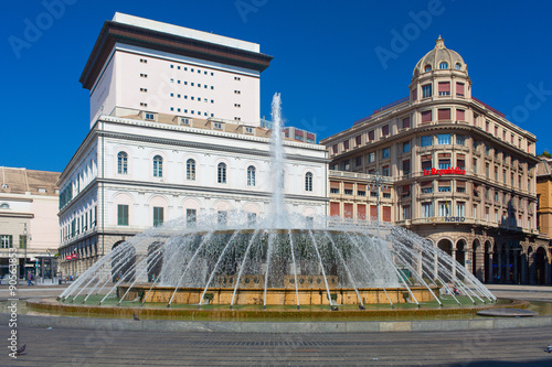 Panoramic view of De Ferrari square in Genoa, the heart of the city with the central fountain