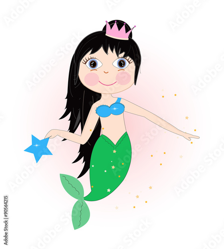 Cute mermaid girl with black hair vector background