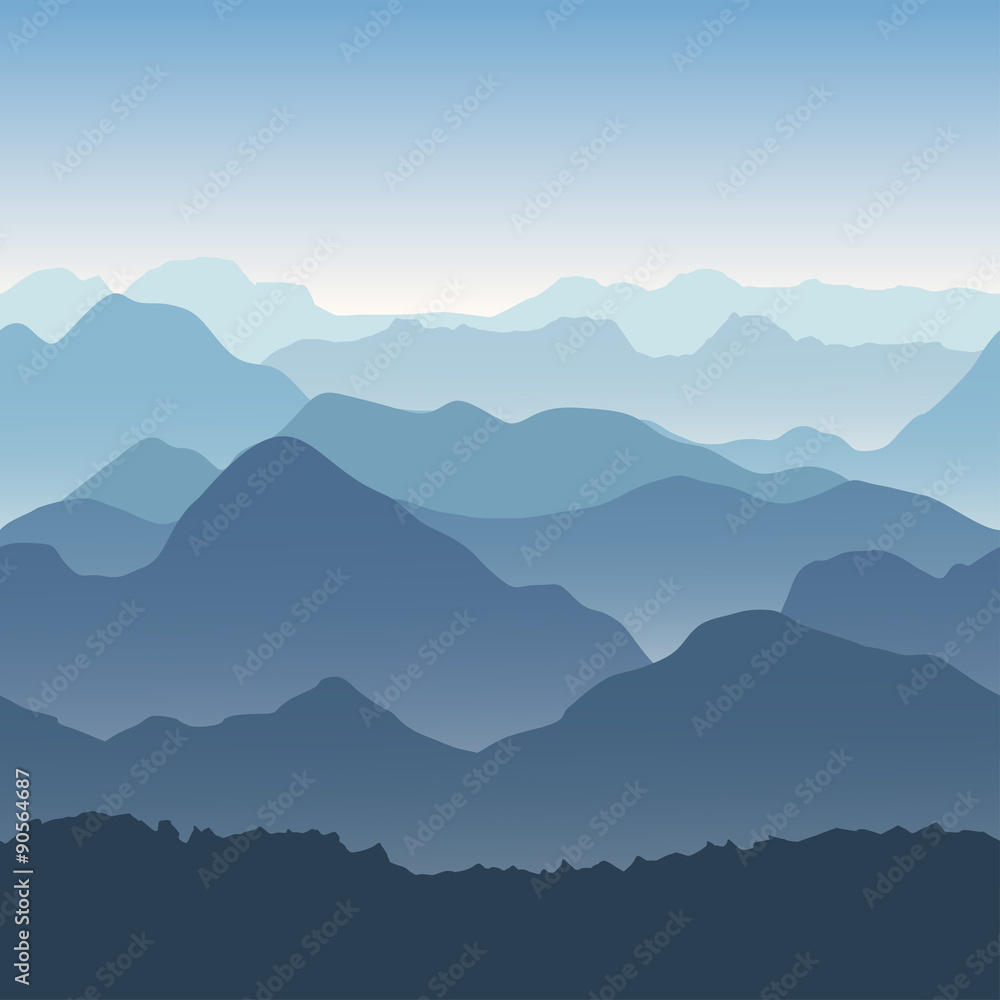 Blue seamless mountains in the fog. Vector illustration.