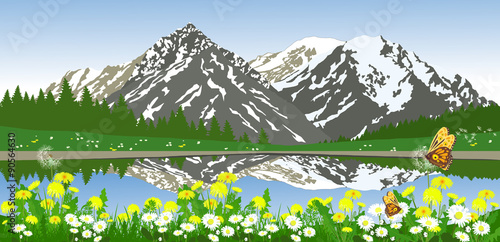 Vector landscape of mountains and meadow flowers at shore of the lake. Alpine valley.