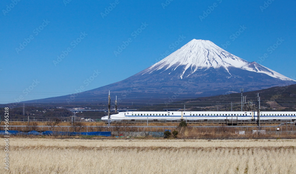 Naklejka premium View of Mt Fuji and Tokaido Shinkansen, Shizuoka, Japan..