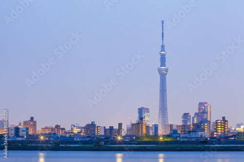 Tokyo city view with Tokyo sky tree and river in evening