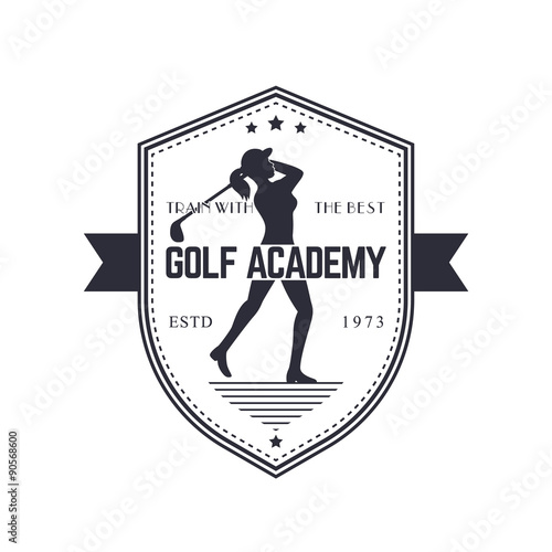 Golf Academy vintage emblem with female golf player swinging golf club, vector illustration, eps10, easy to edit