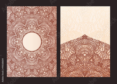 Set of ethnic template for design wedding invitations and greeting cards. Traditional henna flowers mehndi elements of vintage patterns. Indian or Asian motif painting.