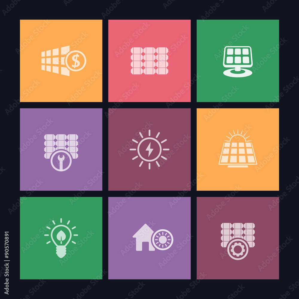 Solar energy, panels, flat square icons, vector illustration, eps10, easy to edit