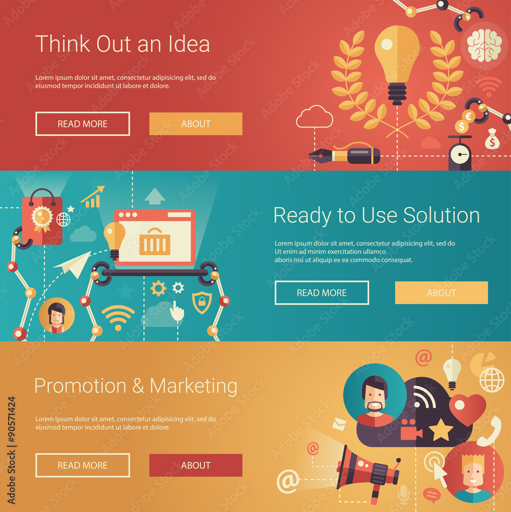 Modern flat design business headers set with icons and Modern flat design business headers set with icons and