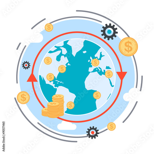 Money transfer, financial transaction, global finance flat design style vector concept