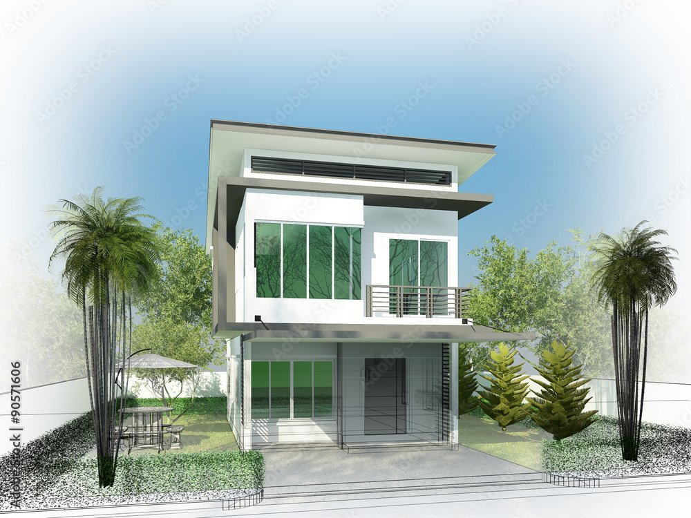 sketch design of house ,3dwire frame render