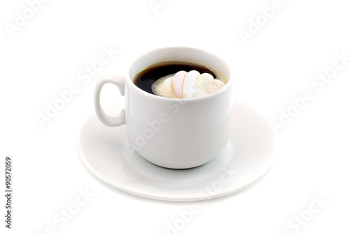 cup of coffee with marshmallows isolated on white background 