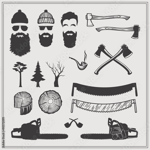 Lumberjack characters with tools and attributes set: chainsaws, saws, axes, stamps and trees. The silhouette vector monochrome design.