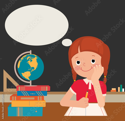 Schoolgirl sits at a school desk/Vector cartoon illustration of a schoolgirl sits at a desk