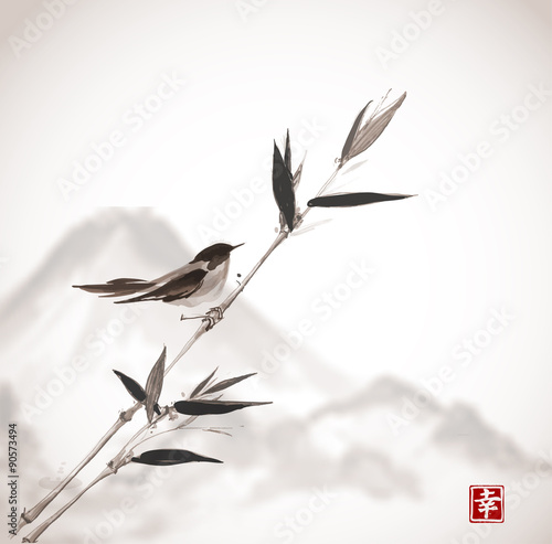 Bird, bamboo branch and mountain Fujiyama