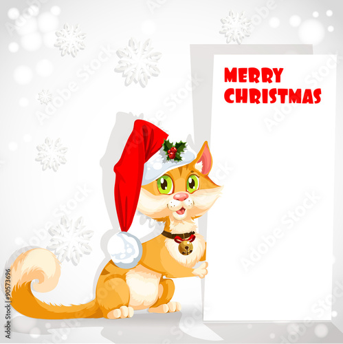 Cute cat in Santa's hat holding a banner congratulating
