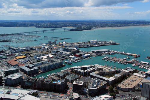Auckland, New Zealand - January 28, 2013: view from above through the windows at the Sky Tower business center and port.
