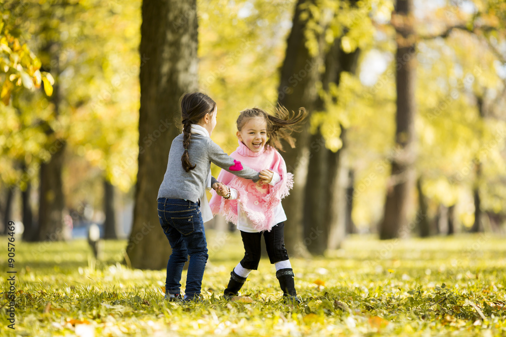 Fototapeta premium Two little girls at the autumn park