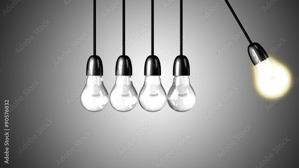 A light bulb boosts other extinguished bulbs. Realistic 3d render. 4k loopable footage. Newton's cradle concept. A light bulb boosts other extinguished bulbs. Realistic 3d render. 4k loopable footage. Newton's cradle concept.