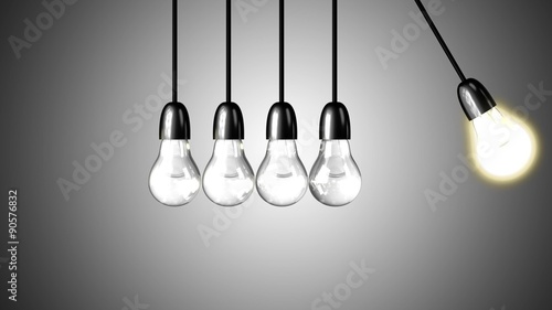 A light bulb boosts other extinguished bulbs. Realistic 3d render. 4k loopable footage. Newton's cradle concept.