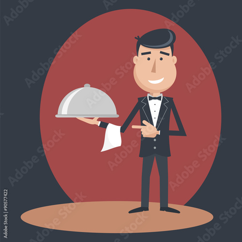 Waiter with dish on outstretched arm.
