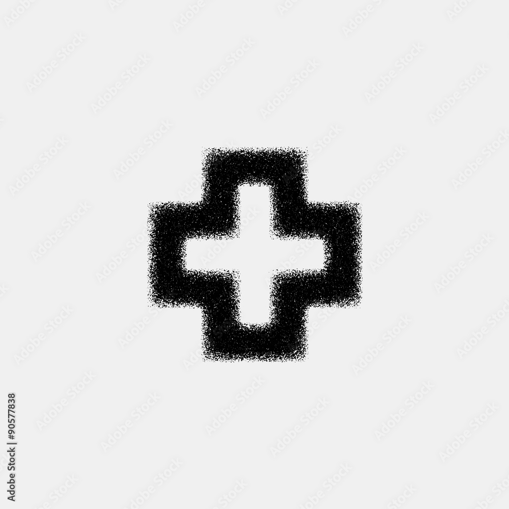 Obraz premium Black abstract geometric shape, cross badge with film grain, grunge texture and light background for logo, design concepts, posters, banners, web, presentations and prints. Vector illustration.