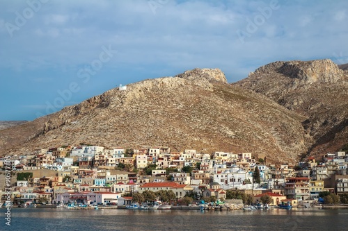 View of Pothia city bay from sea side on Greek Kalymnos island