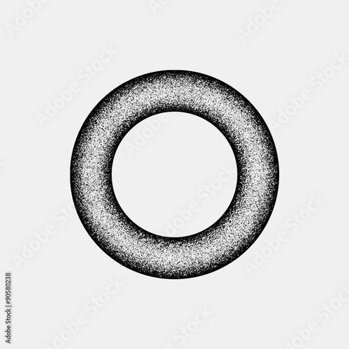 Black abstract geometric shape, donut, ring badge with film grain, grunge texture and light background for logo, design concepts, posters, banners, web, presentations and prints. Vector illustration.