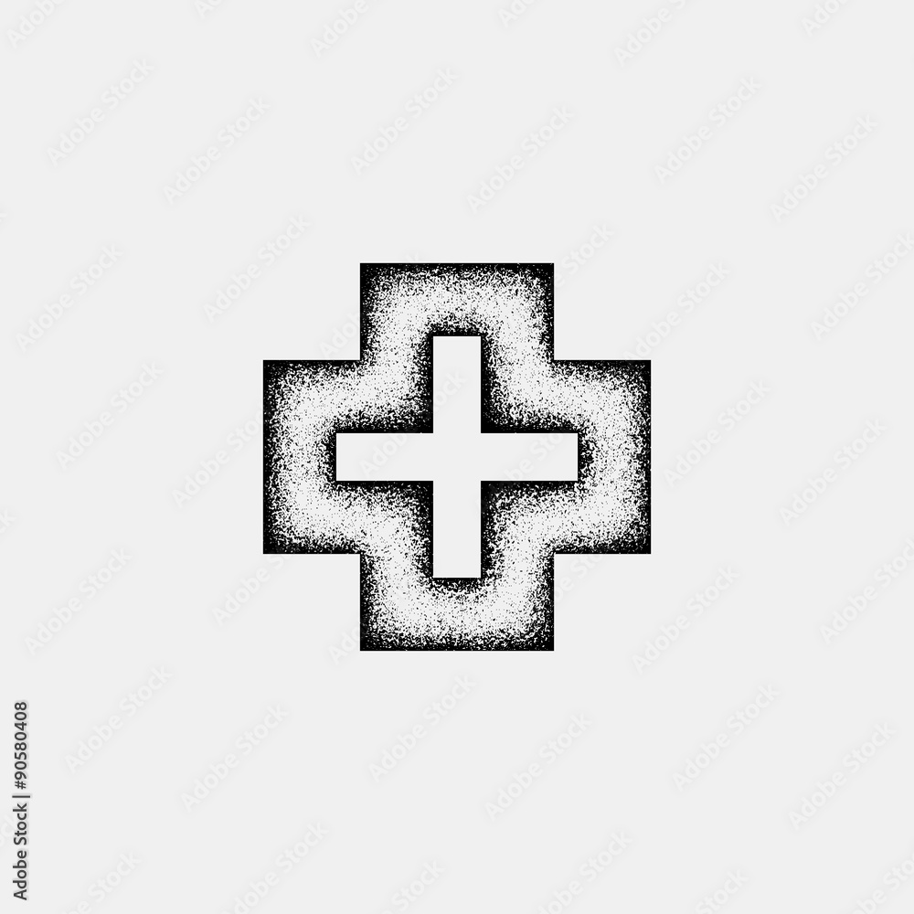 Fototapeta premium Black abstract geometric shape, cross badge with film grain, grunge texture and light background for logo, design concepts, posters, banners, web, presentations and prints. Vector illustration.
