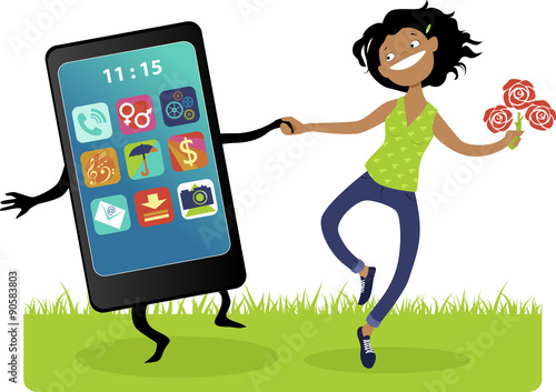 Married to a smartphone. Happy cartoon girl with a bouquet of flowers walking hand in hand with a giant smartphone, vector illustration, no transparencies, EPS 8