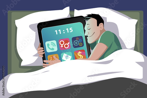 Happy man lying in bed hugging a giant smartphone, vector illustration, no transparencies, EPS 8