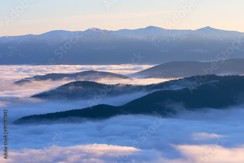 Morning landscape in the mountains with fog © Oleksandr Kotenko