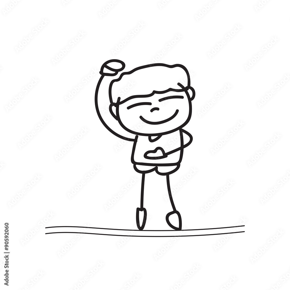 Obraz premium hand drawing cartoon happy boy playing