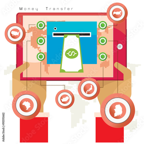 tablet hand transfer money world map Vector