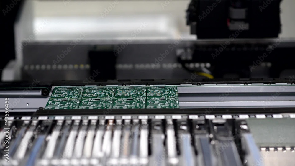 Close-up of automated electronics parts manufacturing