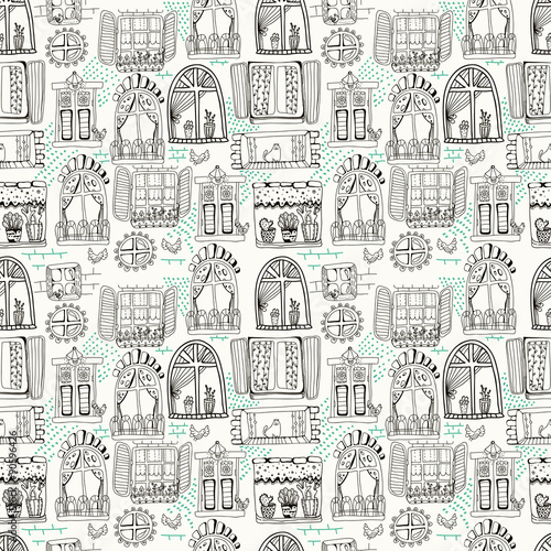 Seamless pattern with cute doodle cartoon windows