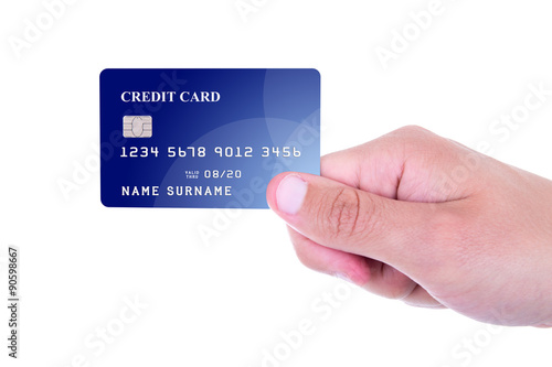 close up of male hand holding credit card isolated on white