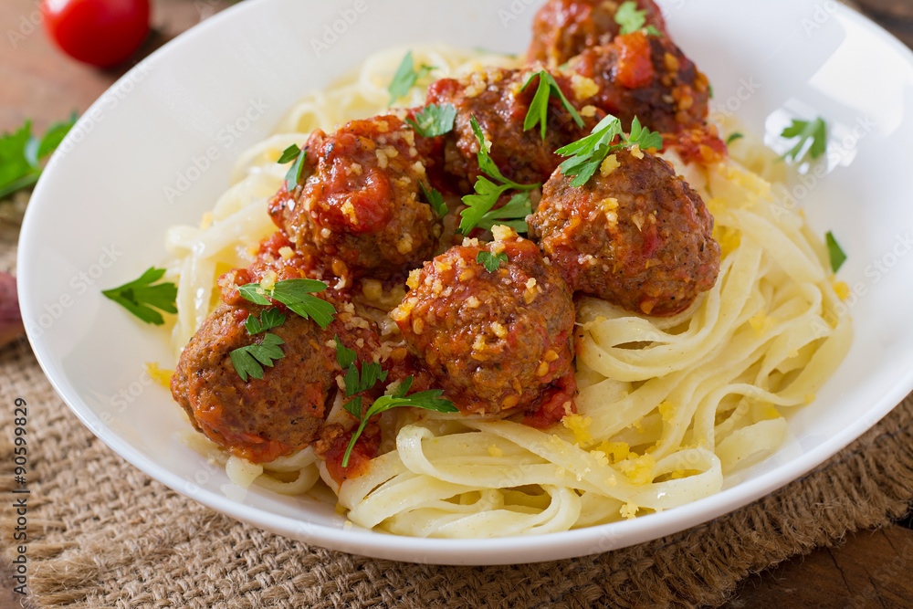 Fettuccine Pasta with meatballs in tomato sauce Fettuccine Pasta with meatballs in tomato sauce