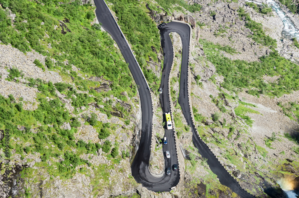 Traffic and hairpins on Trollstigen serpentine road, Norway