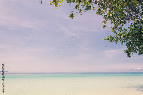 Fototapeta Naklejka Na Ścianę i Meble -  blue sky with beach sea and leaf - soft focus with film filter