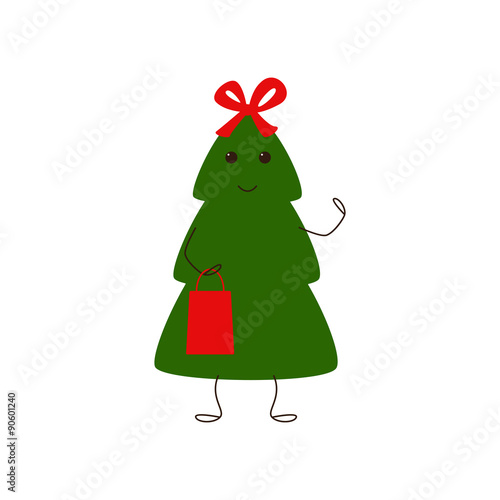 Funny Christmas tree character with bow and gift bag