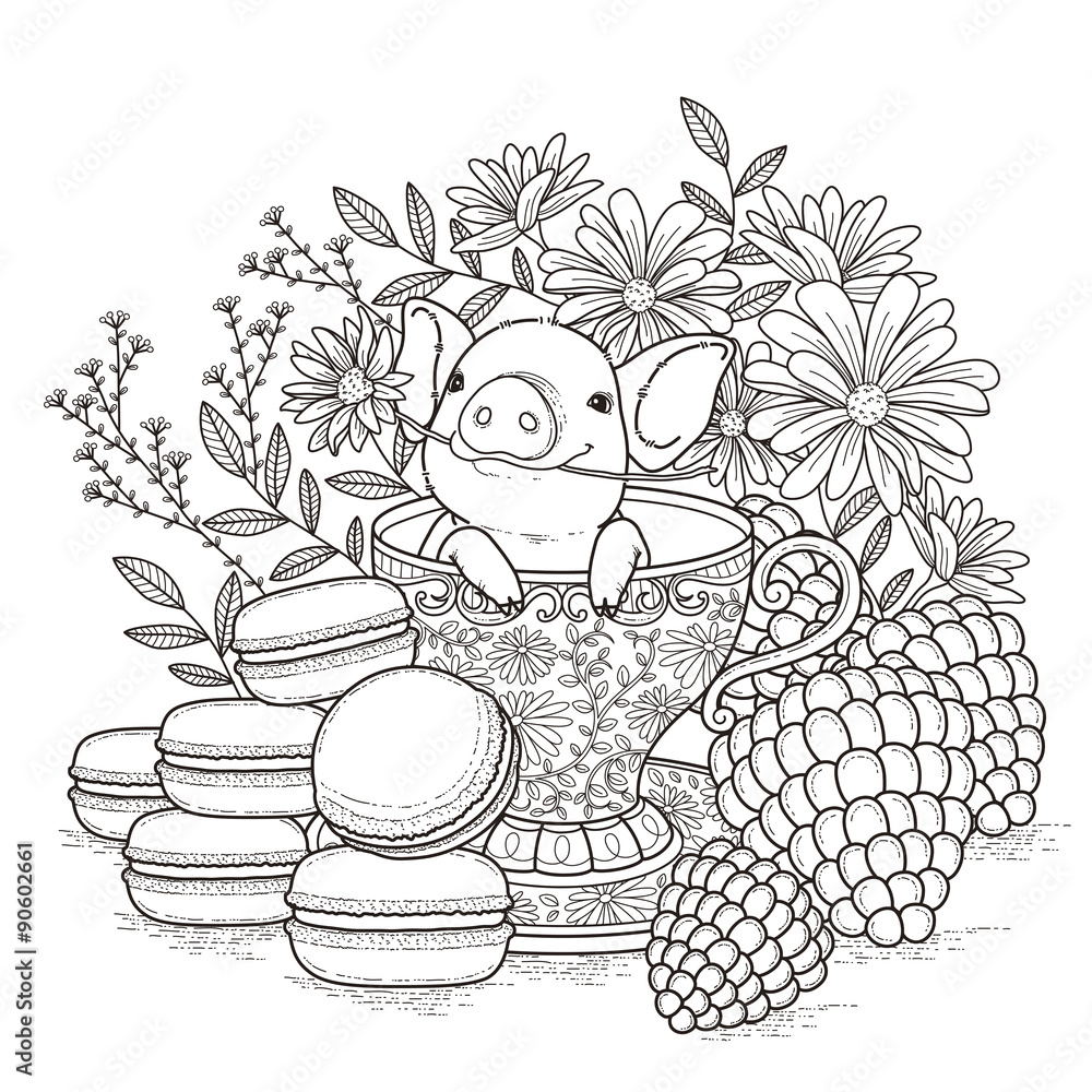 Adult coloring book page a cute pig image Vector Image