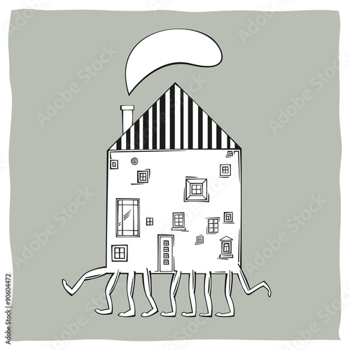 Concept of moving. House with many legs walking