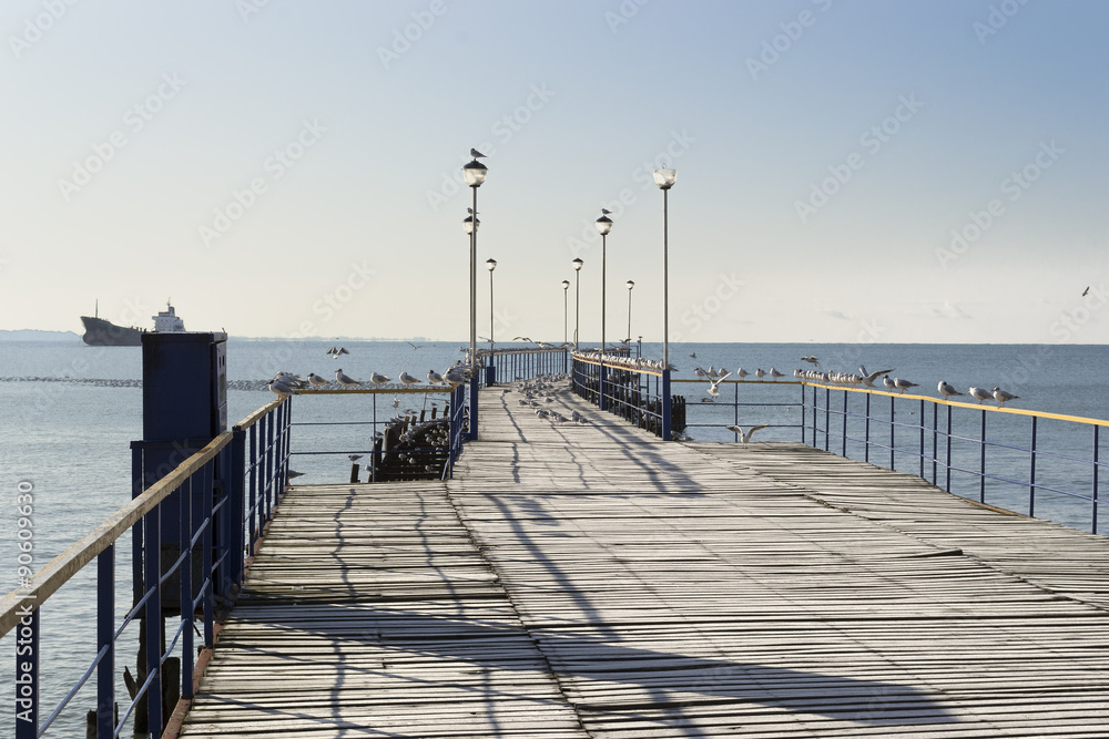 the wooden pier acting in the sea and seagulls