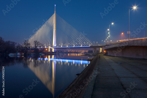 Illuminated cable-stayed bridge at night